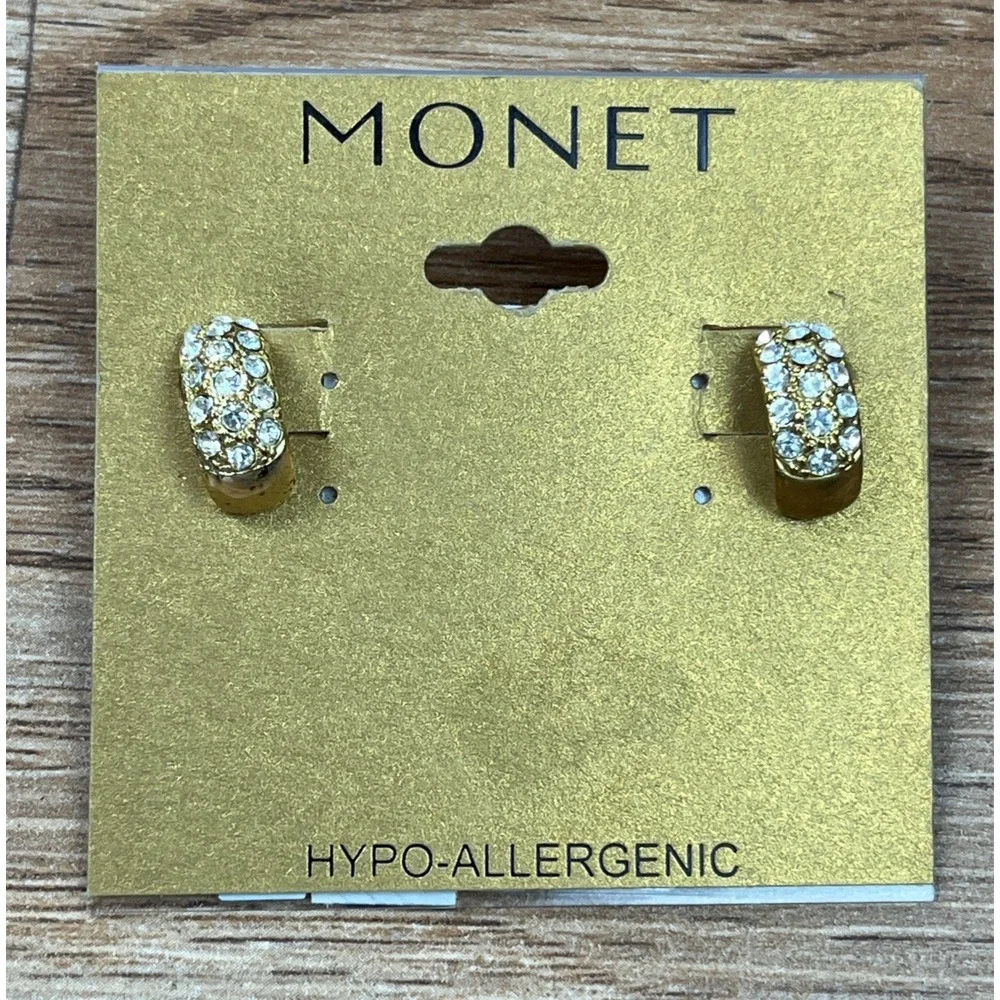 Vintage Monet‎ Pierced Sparkly Earrings Gold-tone NEW